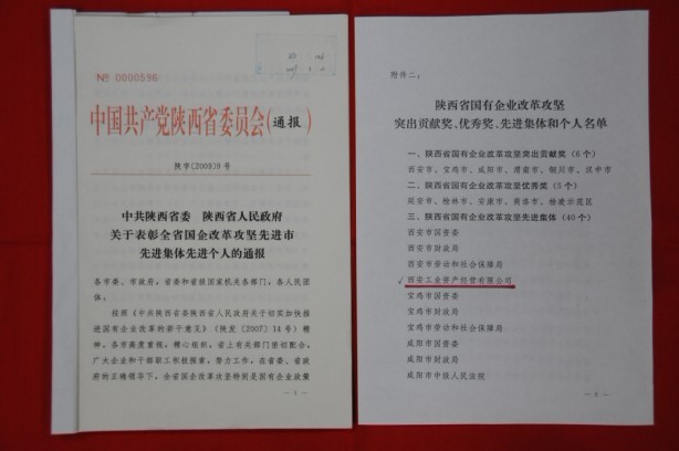 2009年2月，被陜西省委、省政府授予陜西省國有企業(yè)改革攻堅先進(jìn)集體